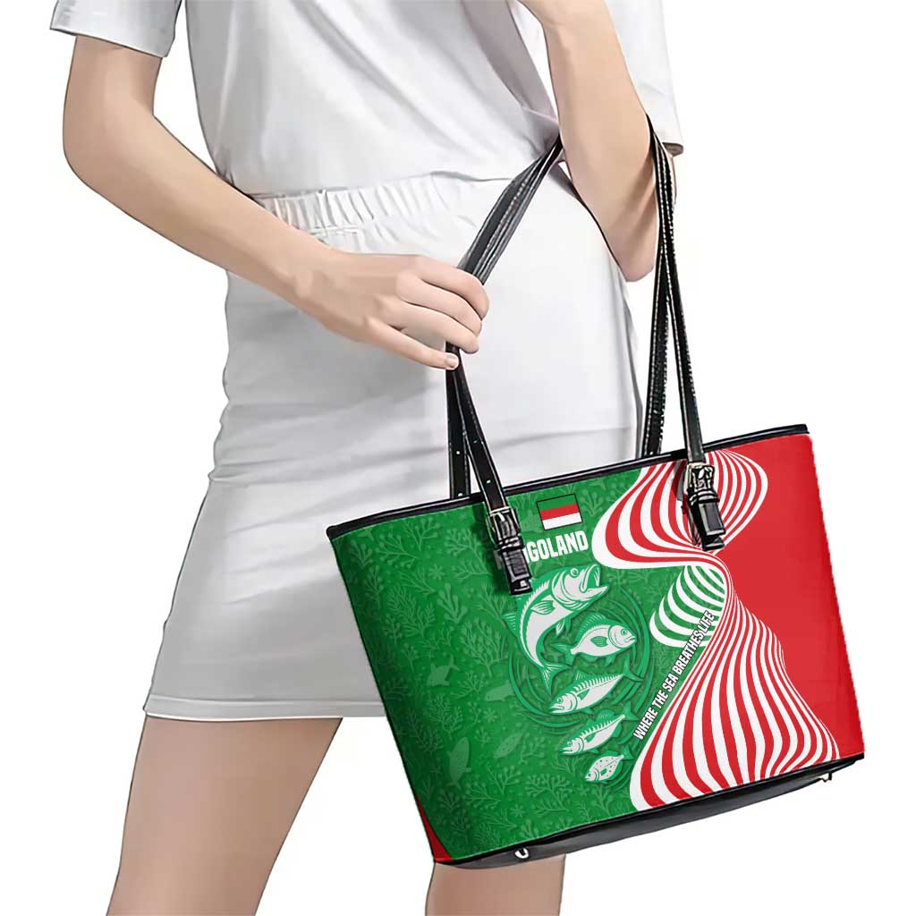 Germany Heligoland Leather Tote Bag with Fish Illustration and Red Green Wave - Wonder Print Shop