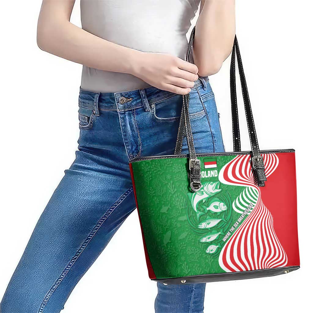 Germany Heligoland Leather Tote Bag with Fish Illustration and Red Green Wave - Wonder Print Shop