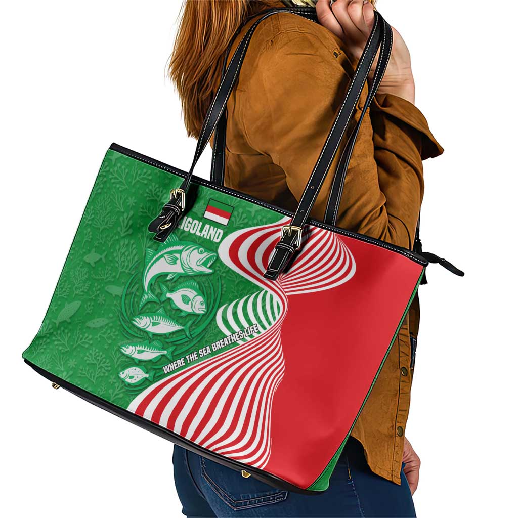 Germany Heligoland Leather Tote Bag with Fish Illustration and Red Green Wave - Wonder Print Shop