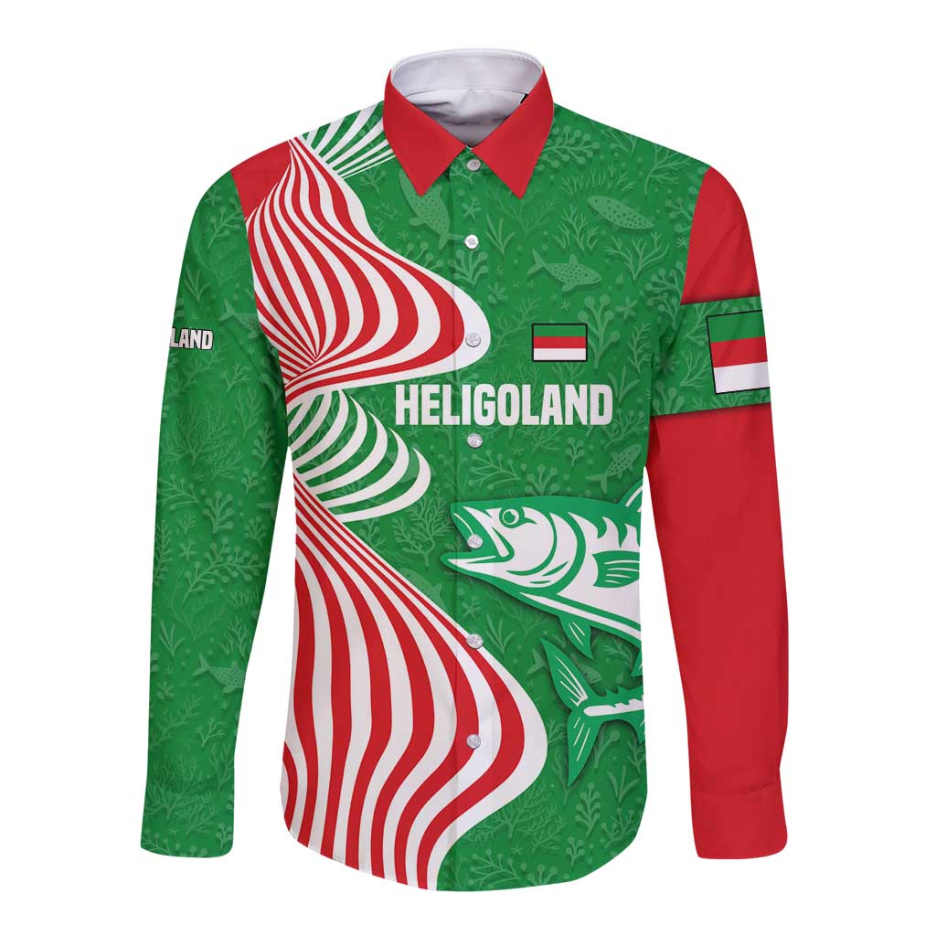 Germany Heligoland Long Sleeve Button Shirt with Fish Illustration and Red Green Wave - Wonder Print Shop
