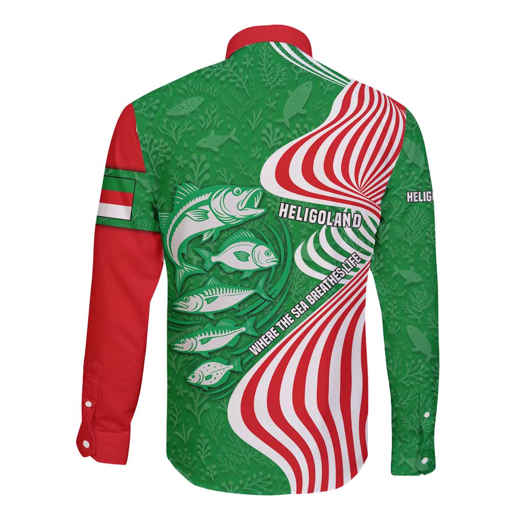 Germany Heligoland Long Sleeve Button Shirt with Fish Illustration and Red Green Wave - Wonder Print Shop
