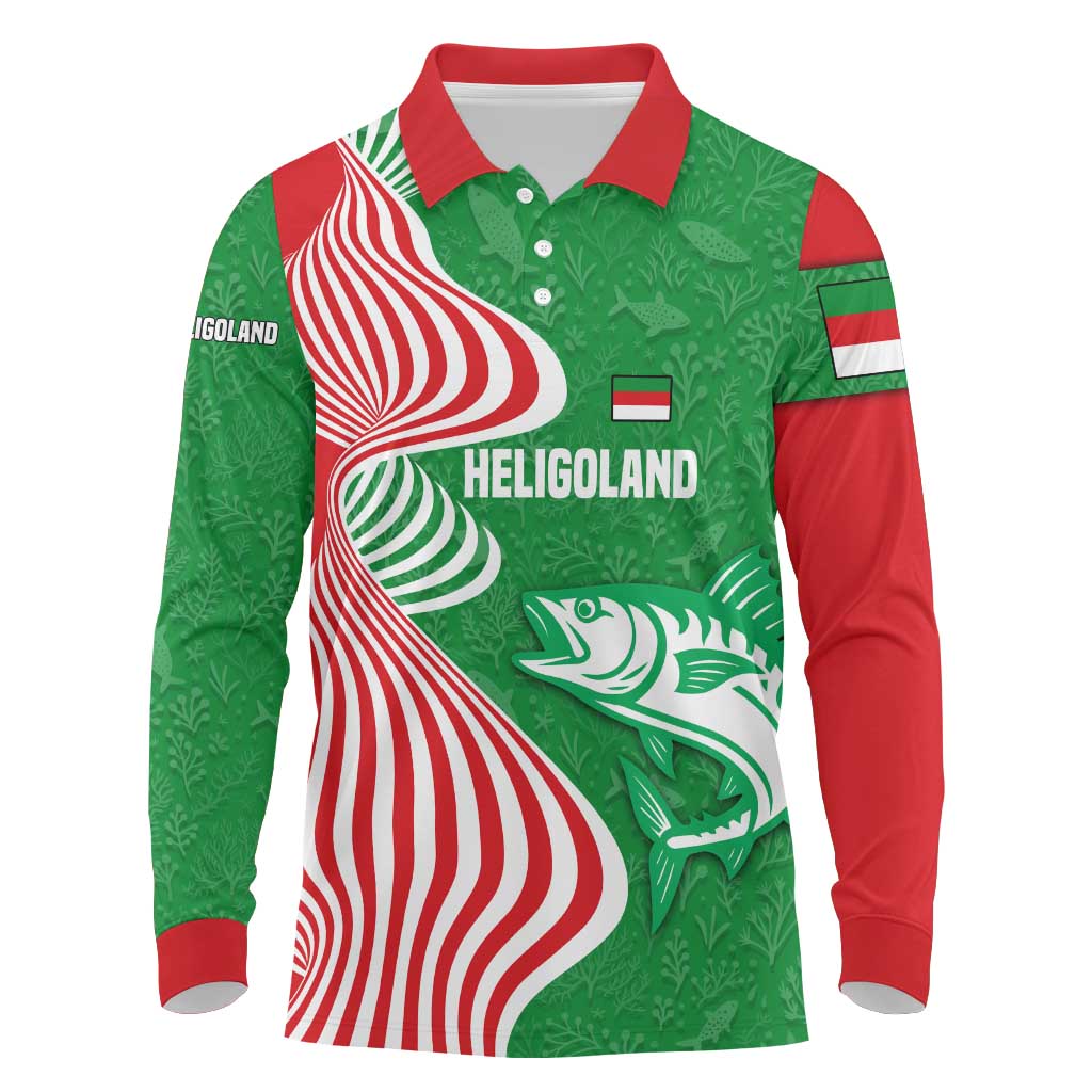 Germany Heligoland Long Sleeve Polo Shirt with Fish Illustration and Red Green Wave - Wonder Print Shop