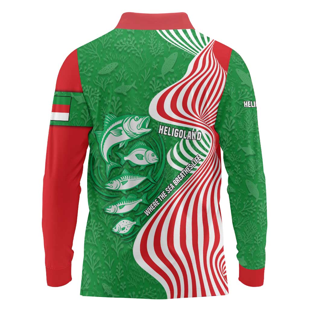 Germany Heligoland Long Sleeve Polo Shirt with Fish Illustration and Red Green Wave - Wonder Print Shop