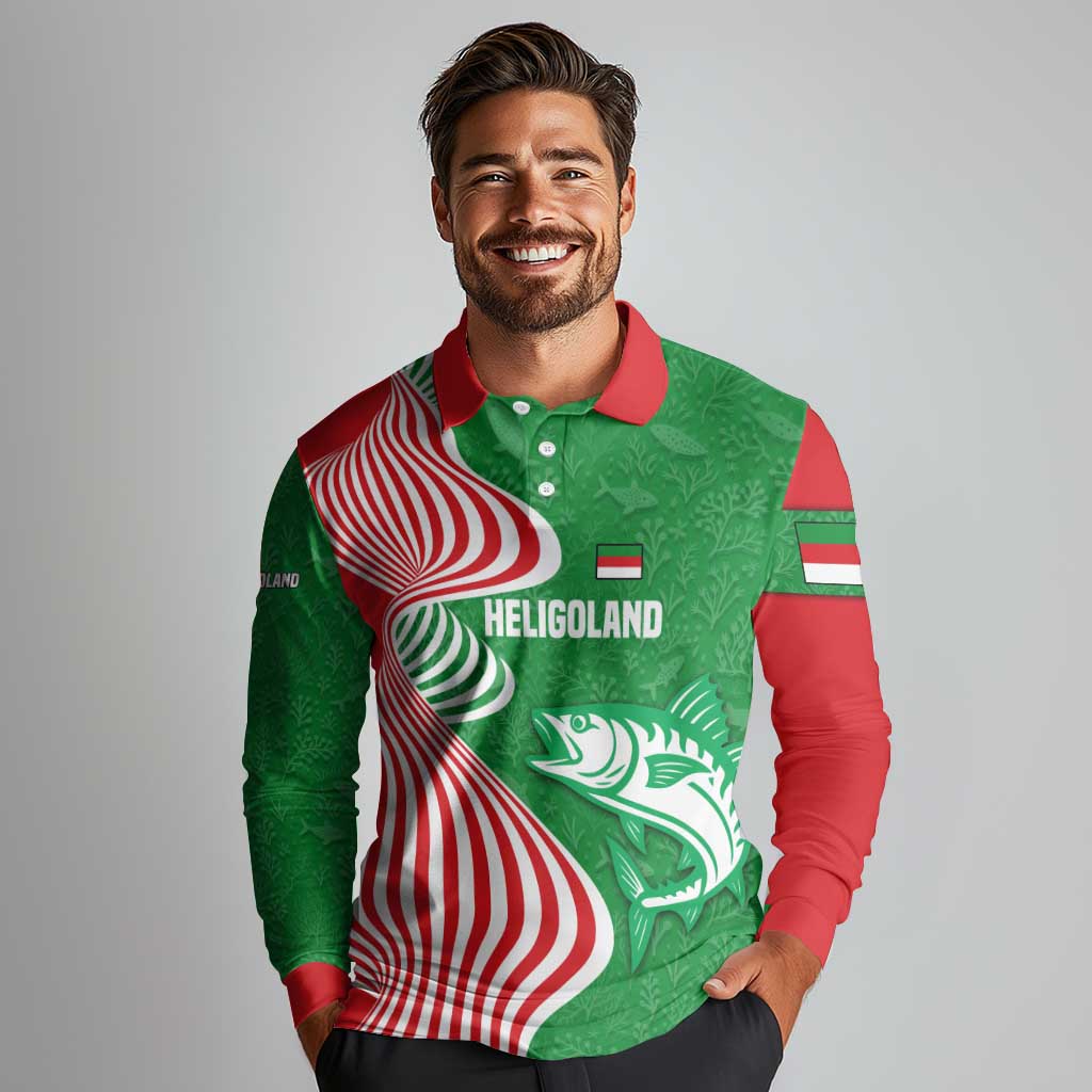 Germany Heligoland Long Sleeve Polo Shirt with Fish Illustration and Red Green Wave - Wonder Print Shop