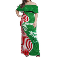 Germany Heligoland Off Shoulder Maxi Dress with Fish Illustration and Red Green Wave - Wonder Print Shop