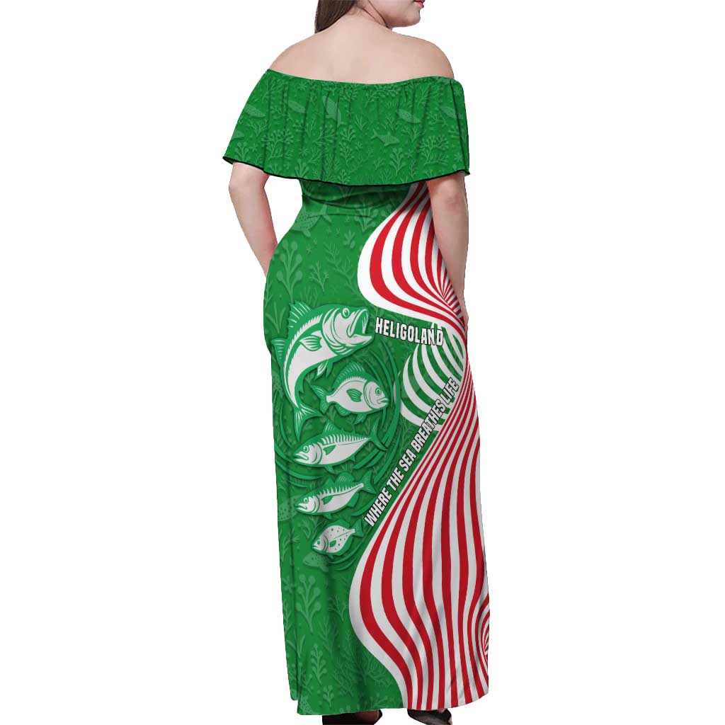 Germany Heligoland Off Shoulder Maxi Dress with Fish Illustration and Red Green Wave - Wonder Print Shop