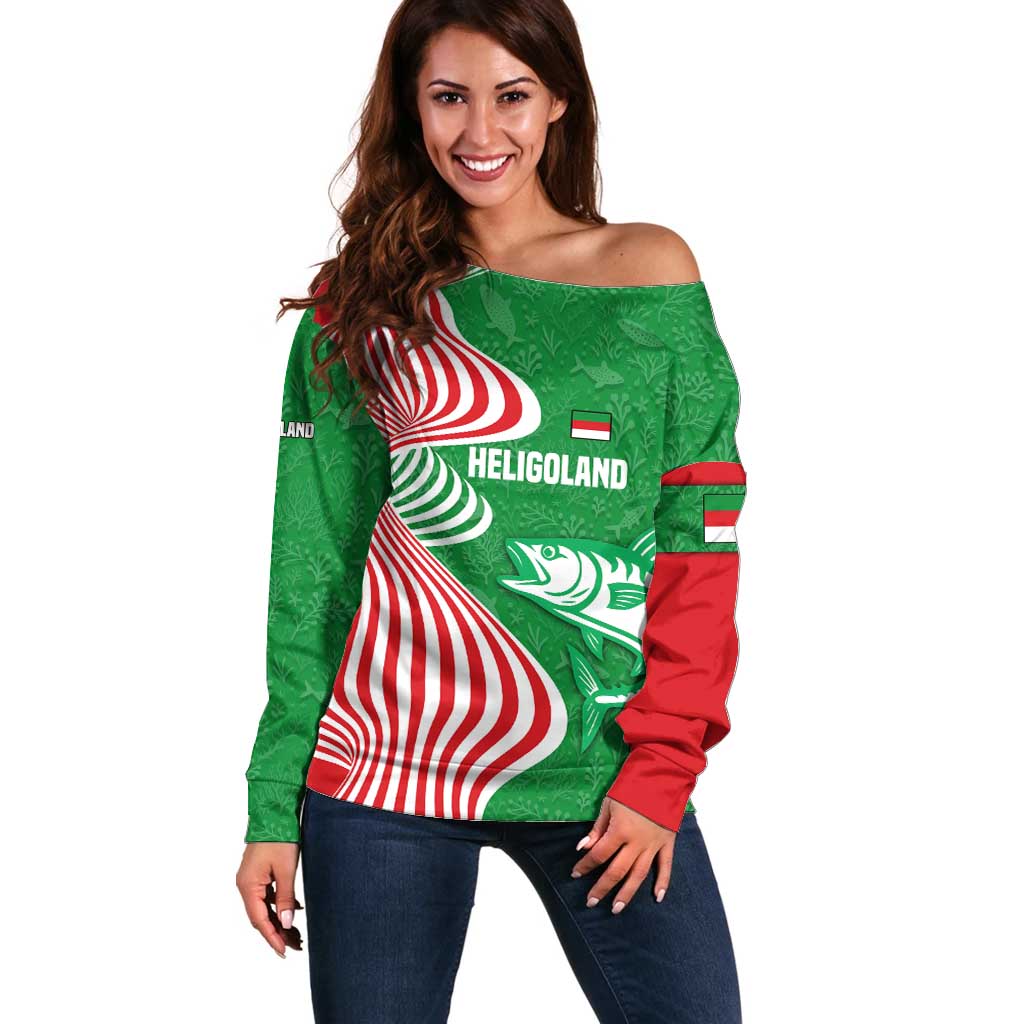 Germany Heligoland Off Shoulder Sweater with Fish Illustration and Red Green Wave - Wonder Print Shop