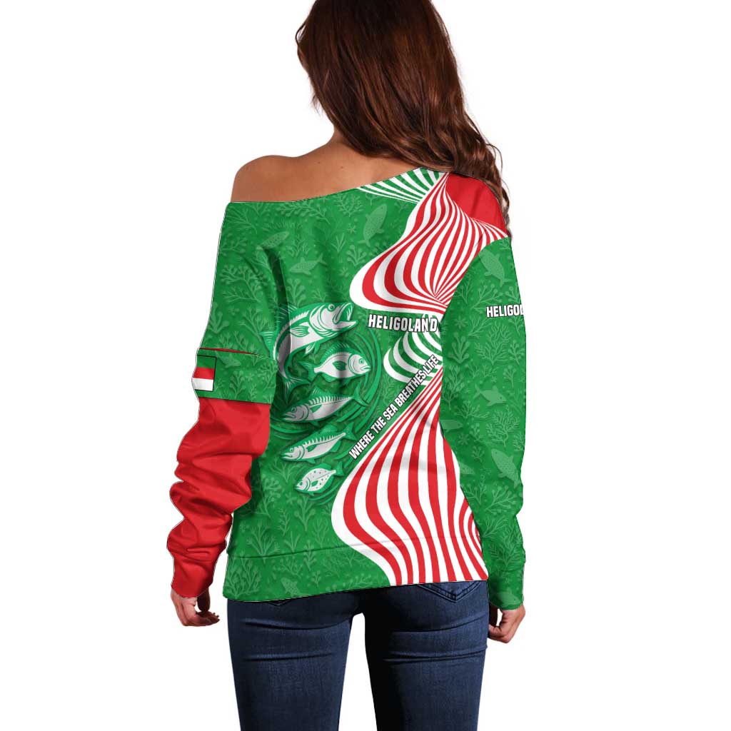 Germany Heligoland Off Shoulder Sweater with Fish Illustration and Red Green Wave - Wonder Print Shop