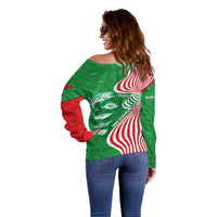 Germany Heligoland Off Shoulder Sweater with Fish Illustration and Red Green Wave - Wonder Print Shop