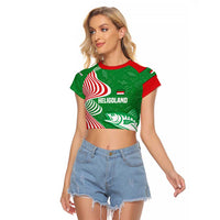 Germany Heligoland Raglan Cropped T Shirt with Fish Illustration and Red Green Wave - Wonder Print Shop