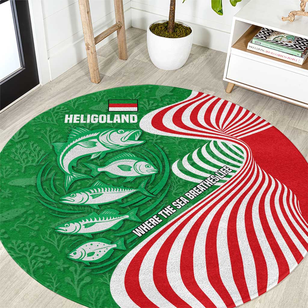 Germany Heligoland Round Carpet with Fish Illustration and Red Green Wave - Wonder Print Shop