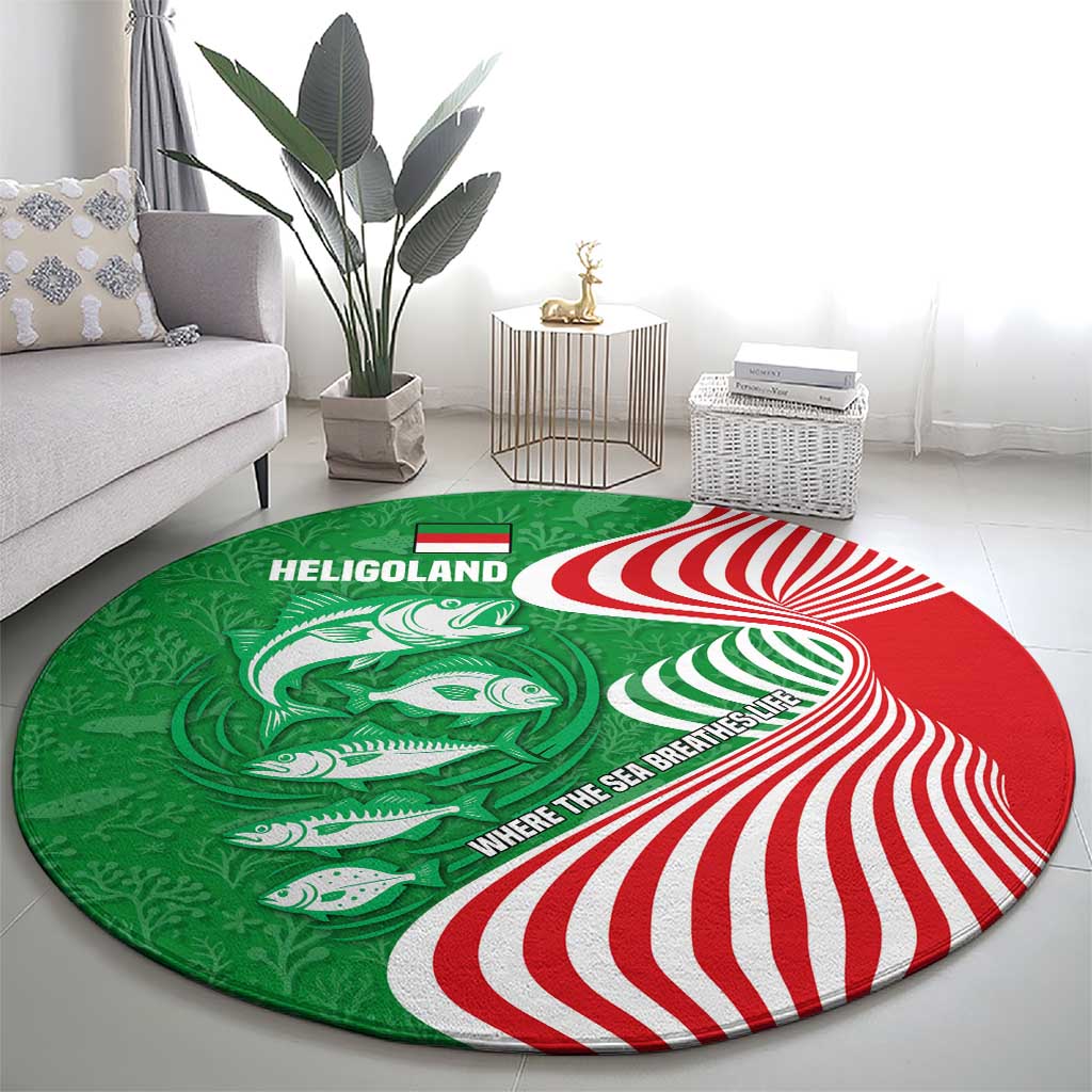 Germany Heligoland Round Carpet with Fish Illustration and Red Green Wave - Wonder Print Shop