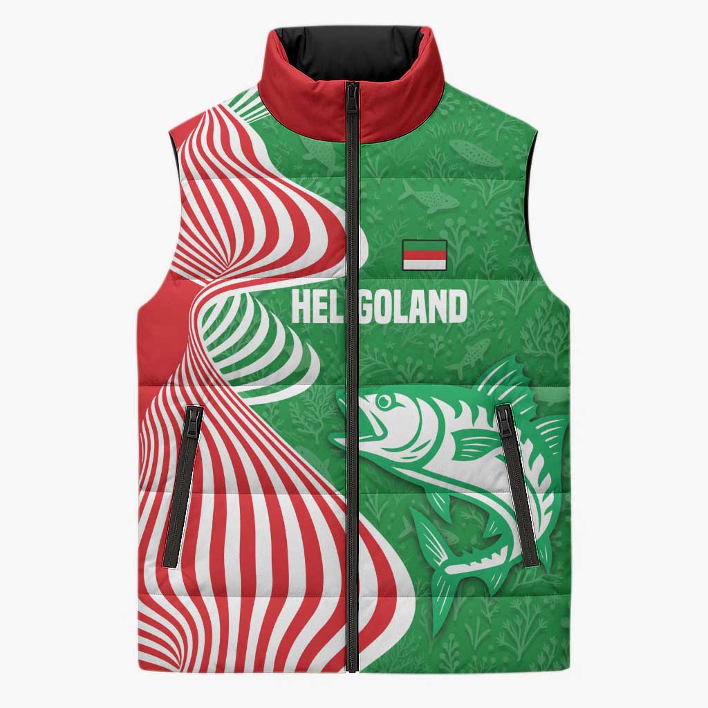 Germany Heligoland Sleeveless Puffer Jacket with Fish Illustration and Red Green Wave - Wonder Print Shop