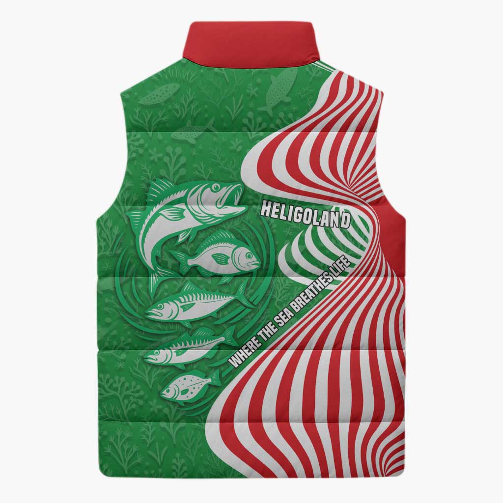 Germany Heligoland Sleeveless Puffer Jacket with Fish Illustration and Red Green Wave - Wonder Print Shop