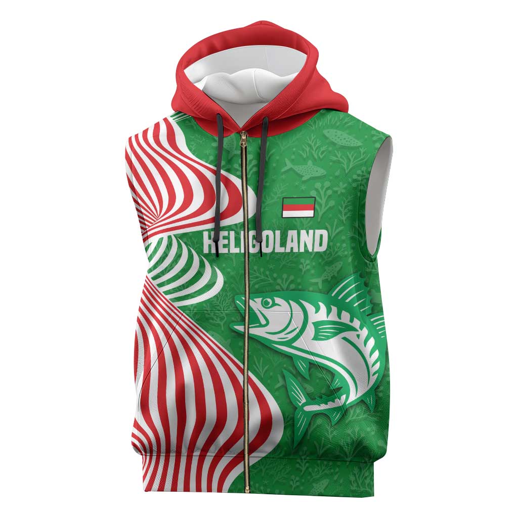 Germany Heligoland Sleeveless Zip Hoodie with Fish Illustration and Red Green Wave - Wonder Print Shop