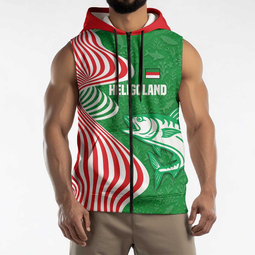 Germany Heligoland Sleeveless Zip Hoodie with Fish Illustration and Red Green Wave - Wonder Print Shop