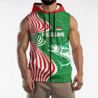 Germany Heligoland Sleeveless Zip Hoodie with Fish Illustration and Red Green Wave - Wonder Print Shop