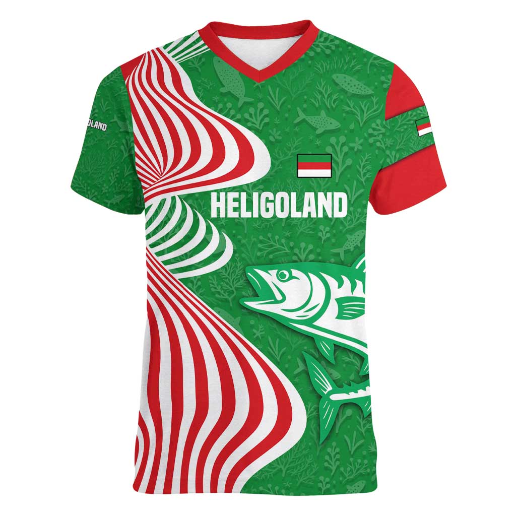 Germany Heligoland Women V-Neck T-Shirt with Fish Illustration and Red Green Wave - Wonder Print Shop