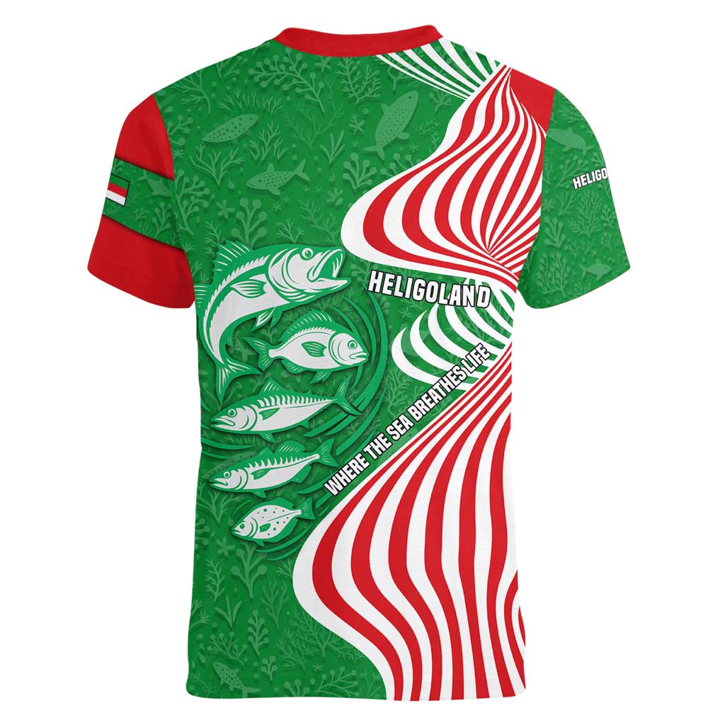 Germany Heligoland Women V-Neck T-Shirt with Fish Illustration and Red Green Wave - Wonder Print Shop
