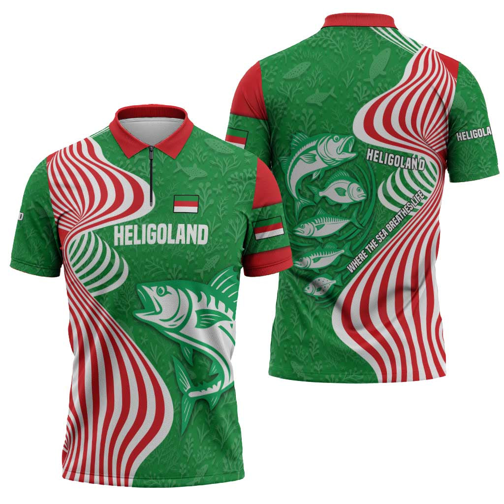 Germany Heligoland Zipper Polo Shirt with Fish Illustration and Red Green Wave - Wonder Print Shop