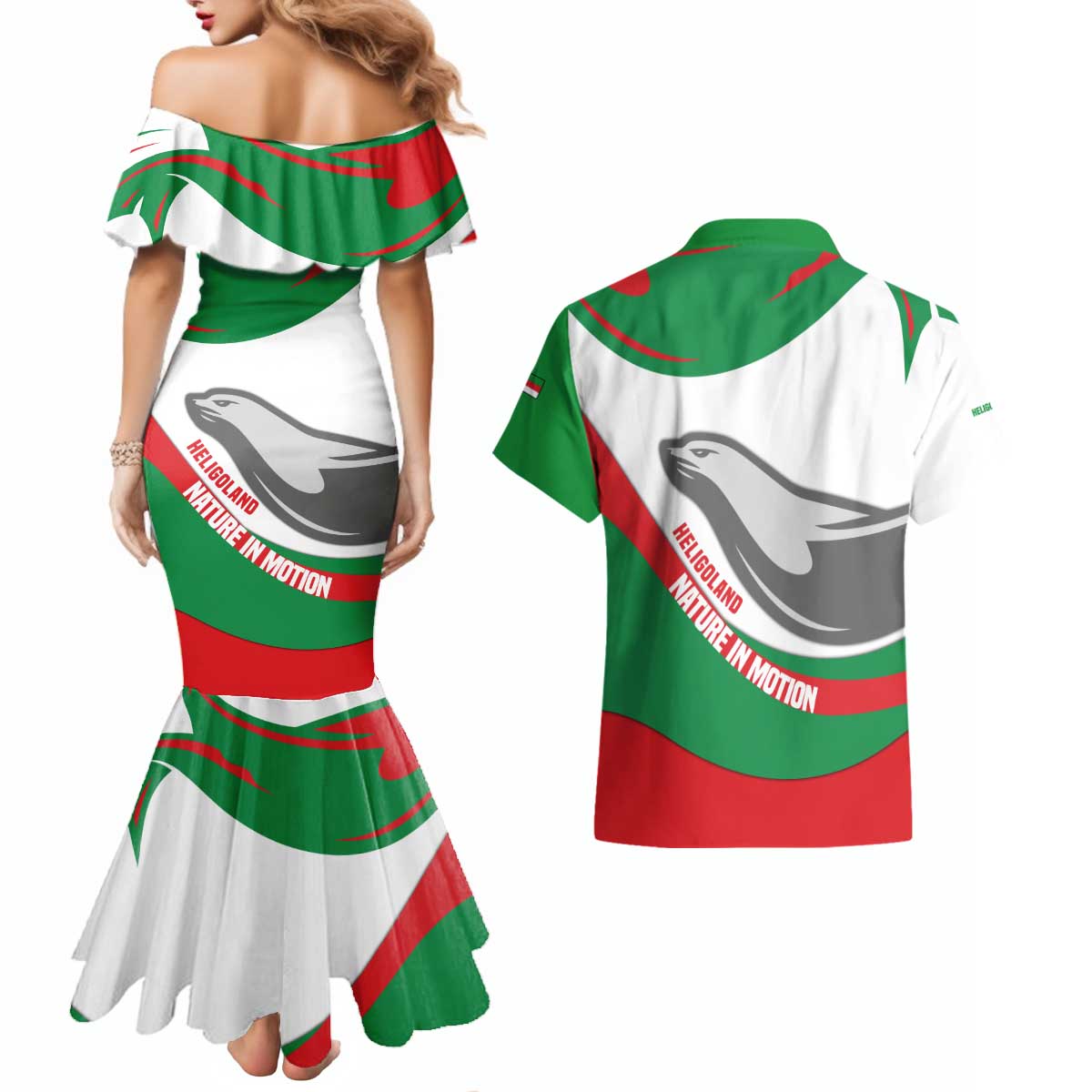 Germany Heligoland Couples Matching Mermaid Dress and Hawaiian Shirt with Seal Graphic and Red Green Wave Nature - Wonder Print Shop