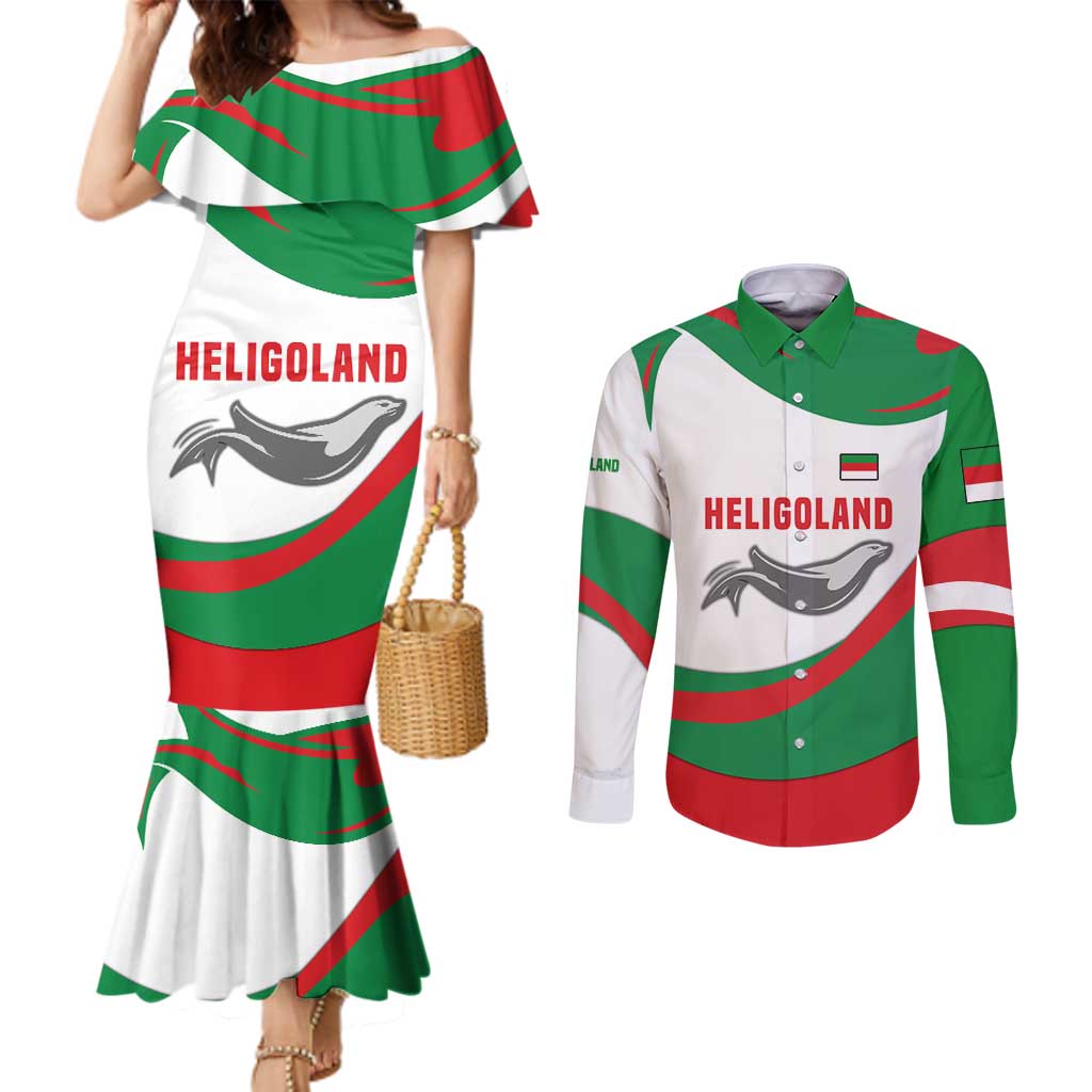 Germany Heligoland Couples Matching Mermaid Dress and Long Sleeve Button Shirt with Seal Graphic and Red Green Wave Nature - Wonder Print Shop