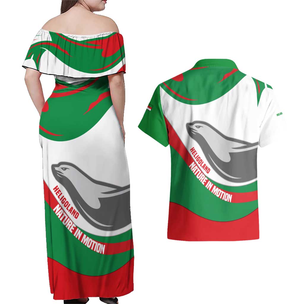 Germany Heligoland Couples Matching Off Shoulder Maxi Dress and Hawaiian Shirt with Seal Graphic and Red Green Wave Nature - Wonder Print Shop