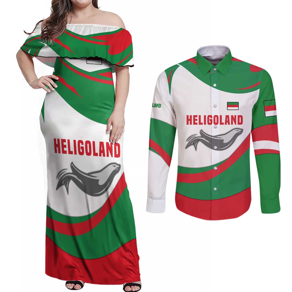 Germany Heligoland Couples Matching Off Shoulder Maxi Dress and Long Sleeve Button Shirt with Seal Graphic and Red Green Wave Nature - Wonder Print Shop