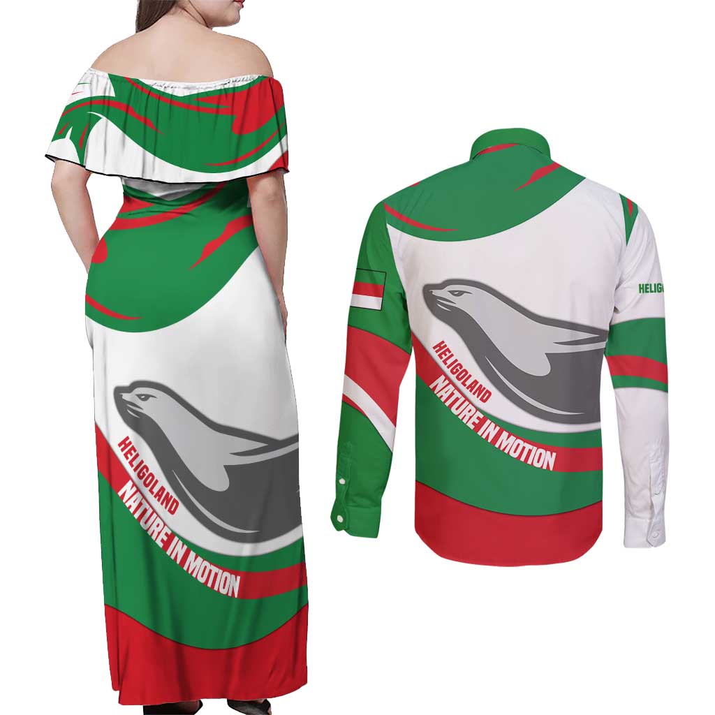Germany Heligoland Couples Matching Off Shoulder Maxi Dress and Long Sleeve Button Shirt with Seal Graphic and Red Green Wave Nature - Wonder Print Shop