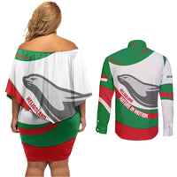 Germany Heligoland Couples Matching Off Shoulder Short Dress and Long Sleeve Button Shirt with Seal Graphic and Red Green Wave Nature - Wonder Print Shop