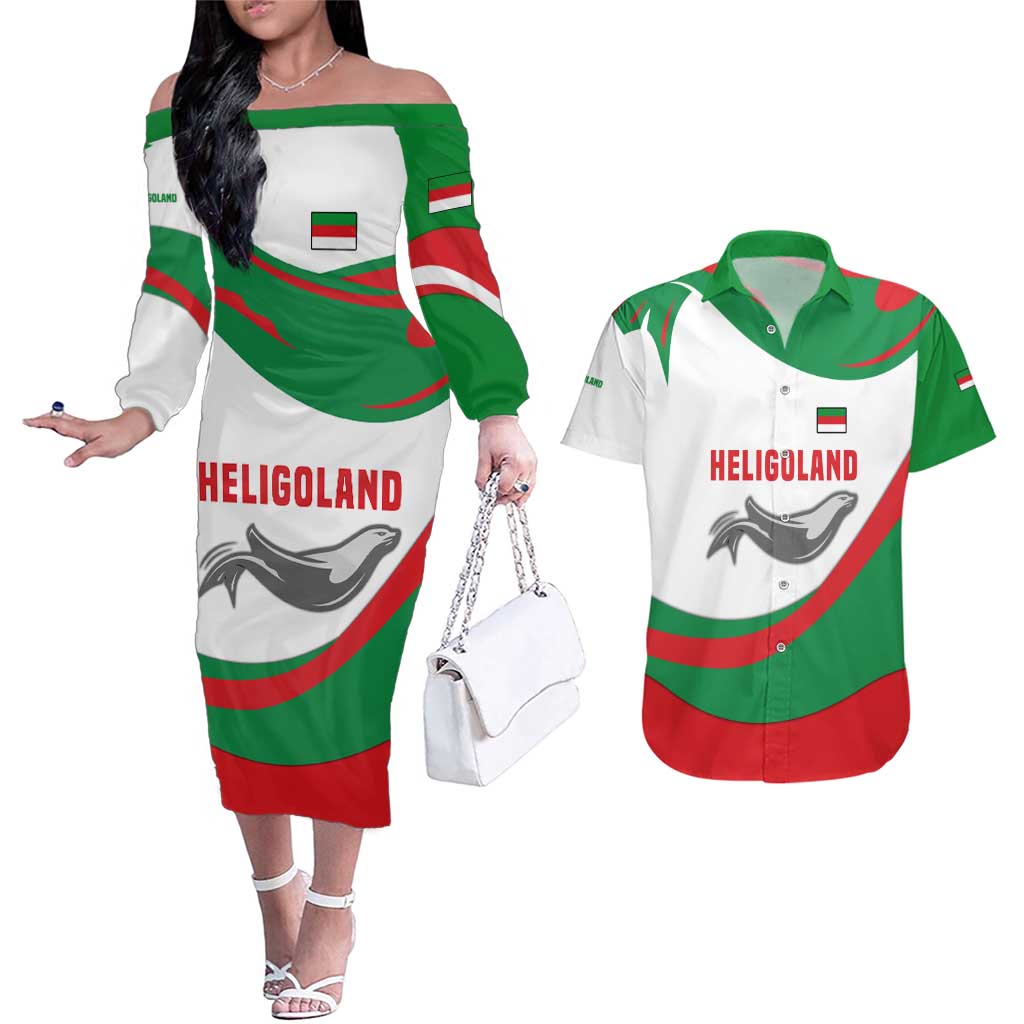 Germany Heligoland Couples Matching Off The Shoulder Long Sleeve Dress and Hawaiian Shirt with Seal Graphic and Red Green Wave Nature - Wonder Print Shop