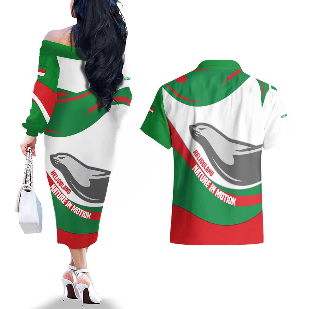 Germany Heligoland Couples Matching Off The Shoulder Long Sleeve Dress and Hawaiian Shirt with Seal Graphic and Red Green Wave Nature - Wonder Print Shop