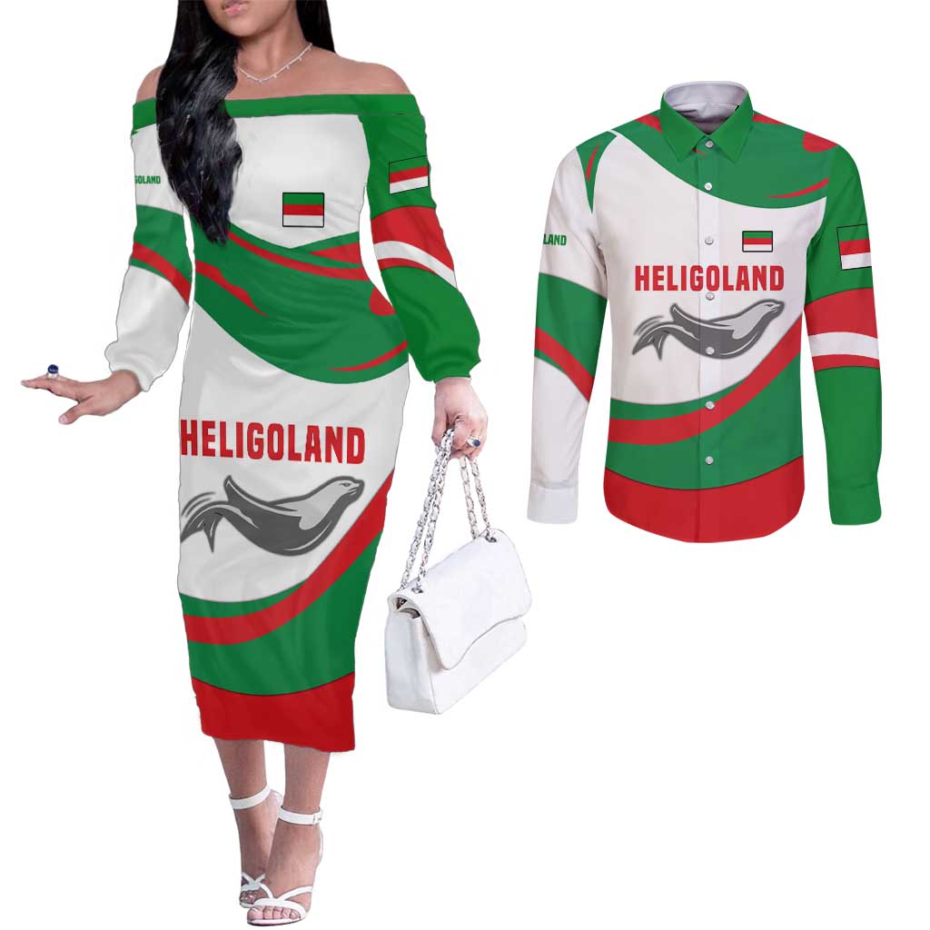 Germany Heligoland Couples Matching Off The Shoulder Long Sleeve Dress and Long Sleeve Button Shirt with Seal Graphic and Red Green Wave Nature - Wonder Print Shop