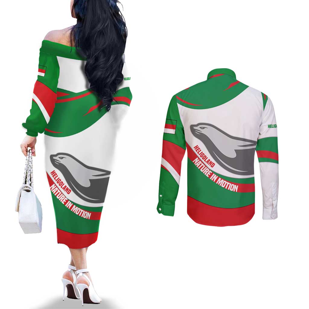 Germany Heligoland Couples Matching Off The Shoulder Long Sleeve Dress and Long Sleeve Button Shirt with Seal Graphic and Red Green Wave Nature - Wonder Print Shop