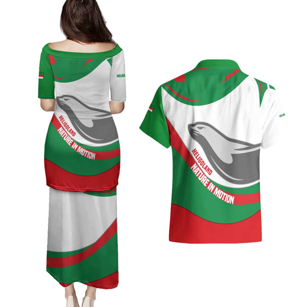 Germany Heligoland Couples Matching Puletasi and Hawaiian Shirt with Seal Graphic and Red Green Wave Nature - Wonder Print Shop