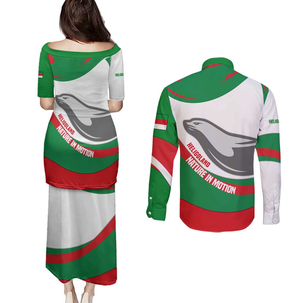 Germany Heligoland Couples Matching Puletasi and Long Sleeve Button Shirt with Seal Graphic and Red Green Wave Nature - Wonder Print Shop