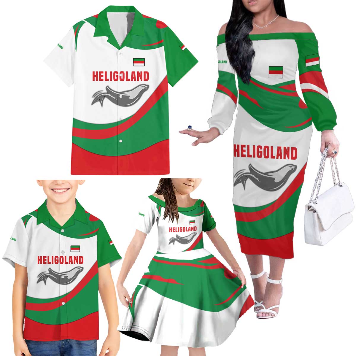 Germany Heligoland Family Matching Off The Shoulder Long Sleeve Dress and Hawaiian Shirt with Seal Graphic and Red Green Wave Nature - Wonder Print Shop