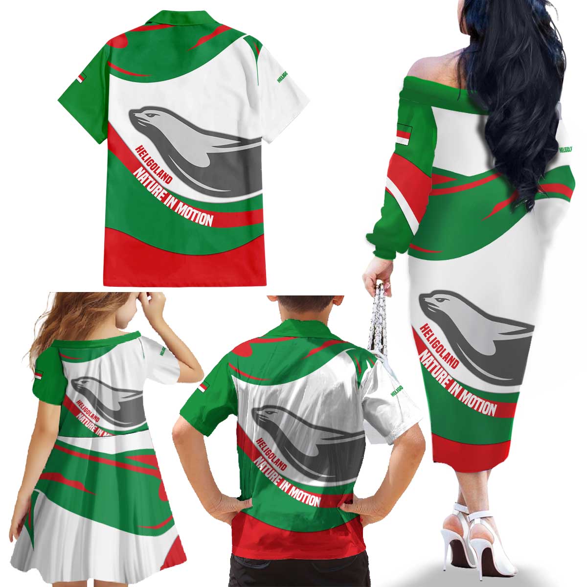 Germany Heligoland Family Matching Off The Shoulder Long Sleeve Dress and Hawaiian Shirt with Seal Graphic and Red Green Wave Nature - Wonder Print Shop
