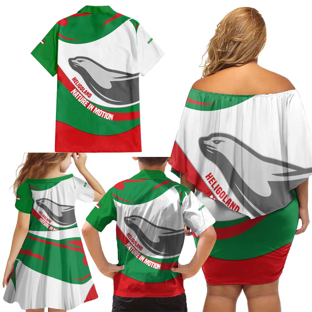 Germany Heligoland Family Matching Off Shoulder Short Dress and Hawaiian Shirt with Seal Graphic and Red Green Wave Nature - Wonder Print Shop