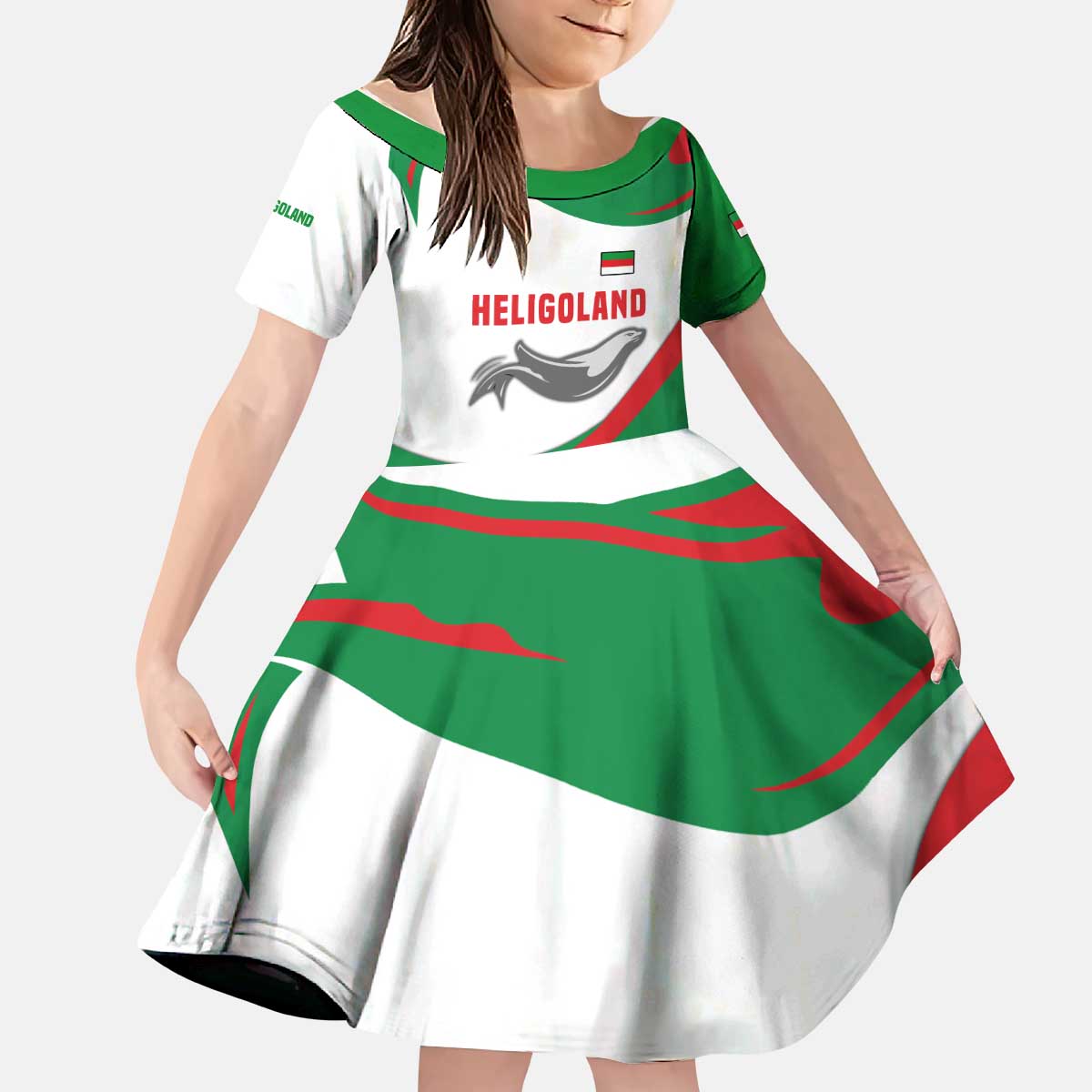 Germany Heligoland Kid Short Sleeve Dress with Seal Graphic and Red Green Wave Nature - Wonder Print Shop