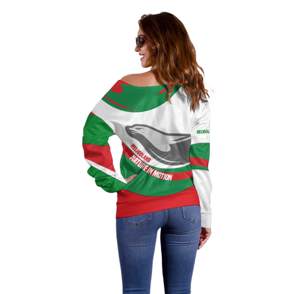 Germany Heligoland Off Shoulder Sweater with Seal Graphic and Red Green Wave Nature - Wonder Print Shop