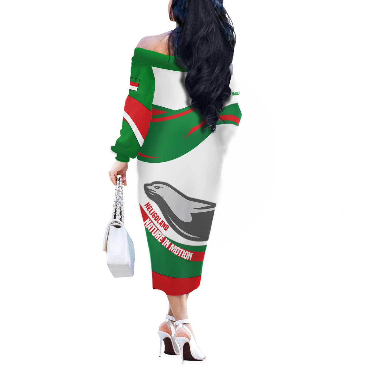 Germany Heligoland Off The Shoulder Long Sleeve Dress with Seal Graphic and Red Green Wave Nature - Wonder Print Shop