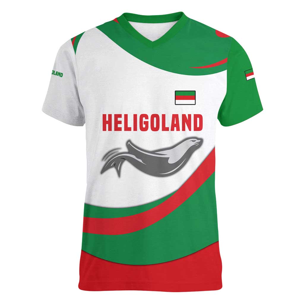 Germany Heligoland Women V-Neck T-Shirt with Seal Graphic and Red Green Wave Nature - Wonder Print Shop