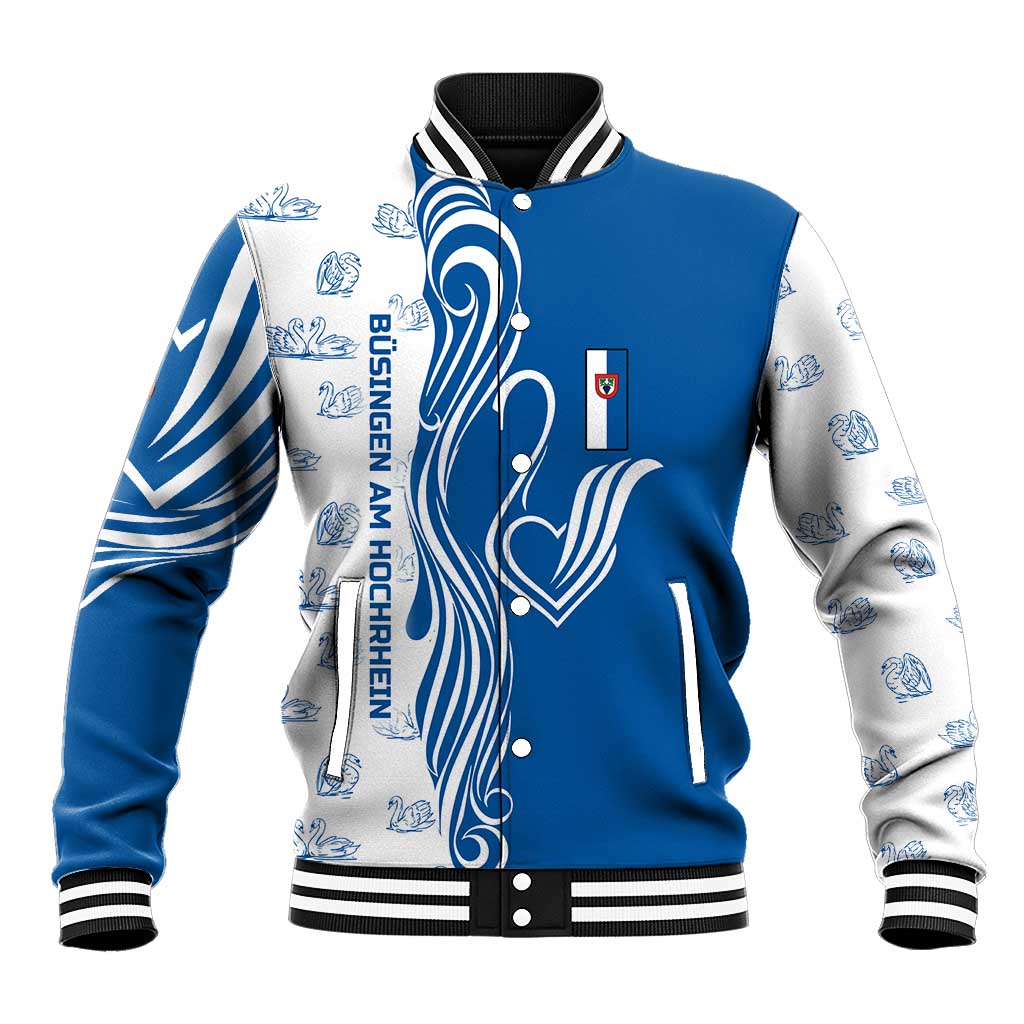 Busingen am Hochrhein Germany Baseball Jacket with Swan Pattern and Blue White Heart Design - Wonder Print Shop