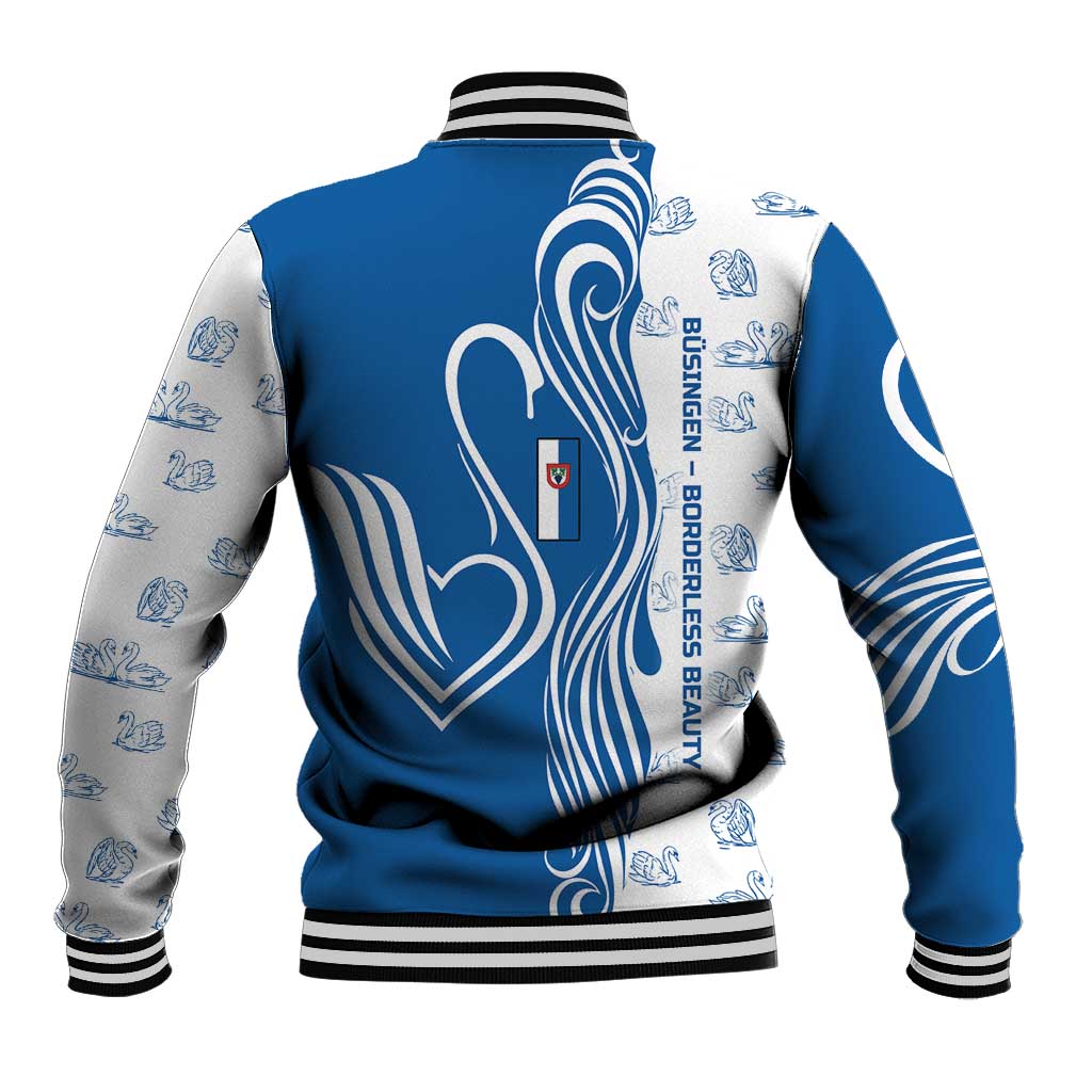 Busingen am Hochrhein Germany Baseball Jacket with Swan Pattern and Blue White Heart Design - Wonder Print Shop