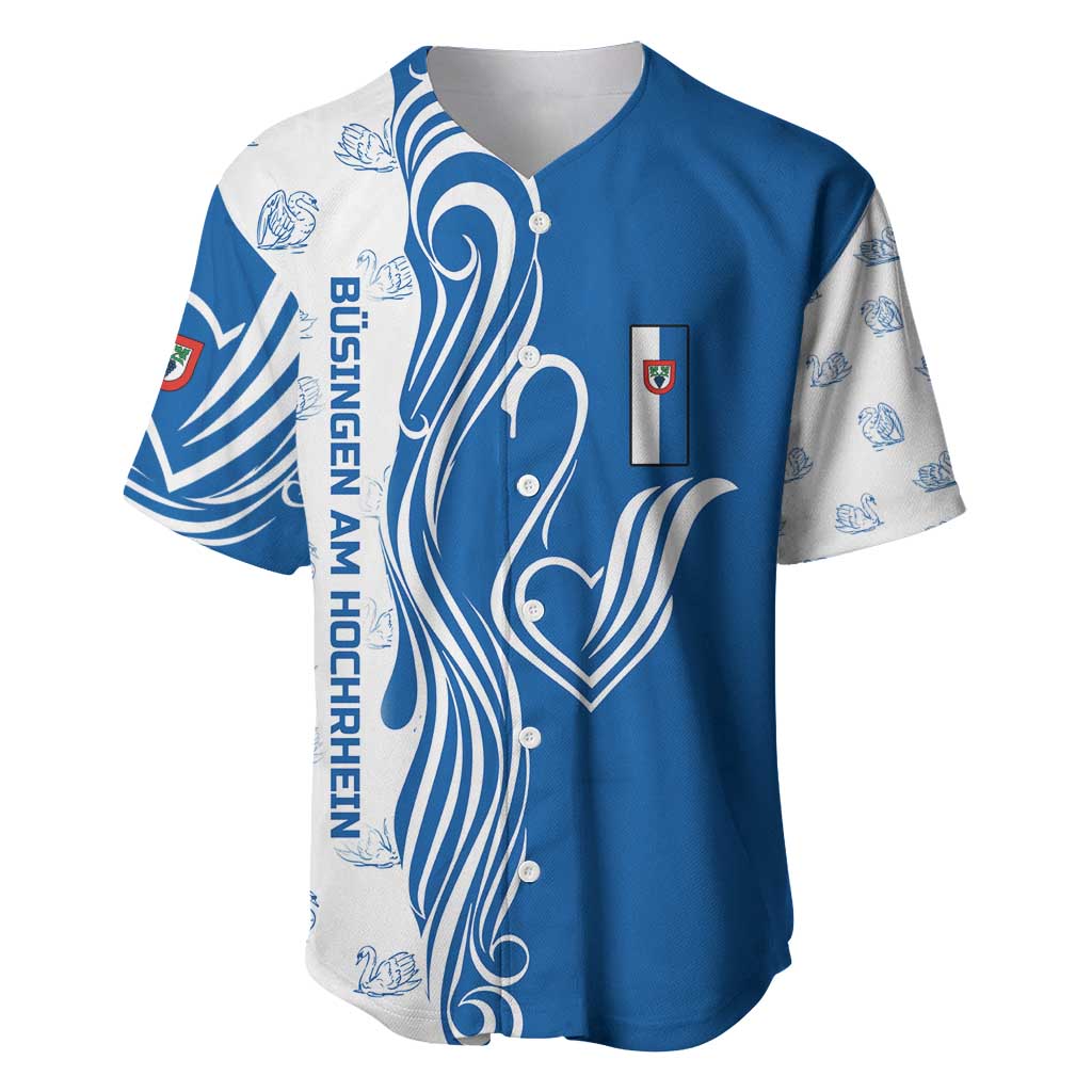 Busingen am Hochrhein Germany Baseball Jersey with Swan Pattern and Blue White Heart Design - Wonder Print Shop