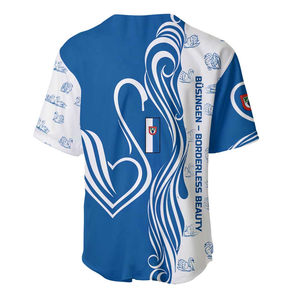 Busingen am Hochrhein Germany Baseball Jersey with Swan Pattern and Blue White Heart Design - Wonder Print Shop