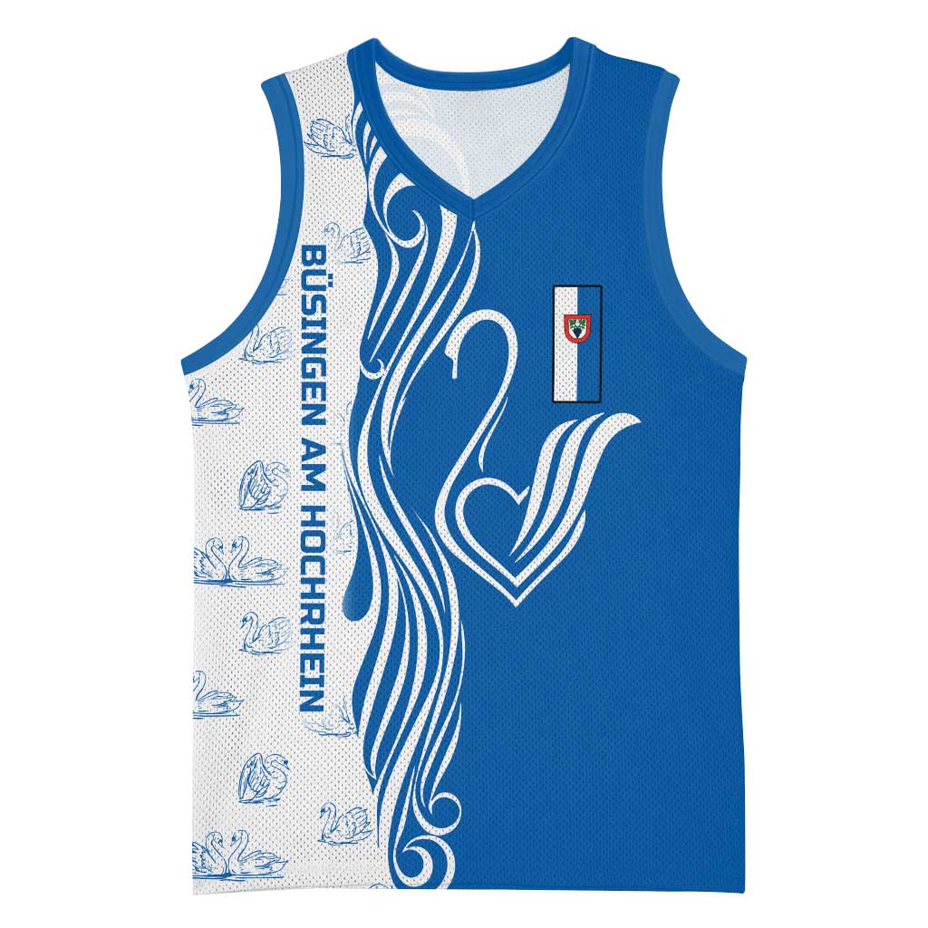Busingen am Hochrhein Germany Basketball Jersey with Swan Pattern and Blue White Heart Design - Wonder Print Shop