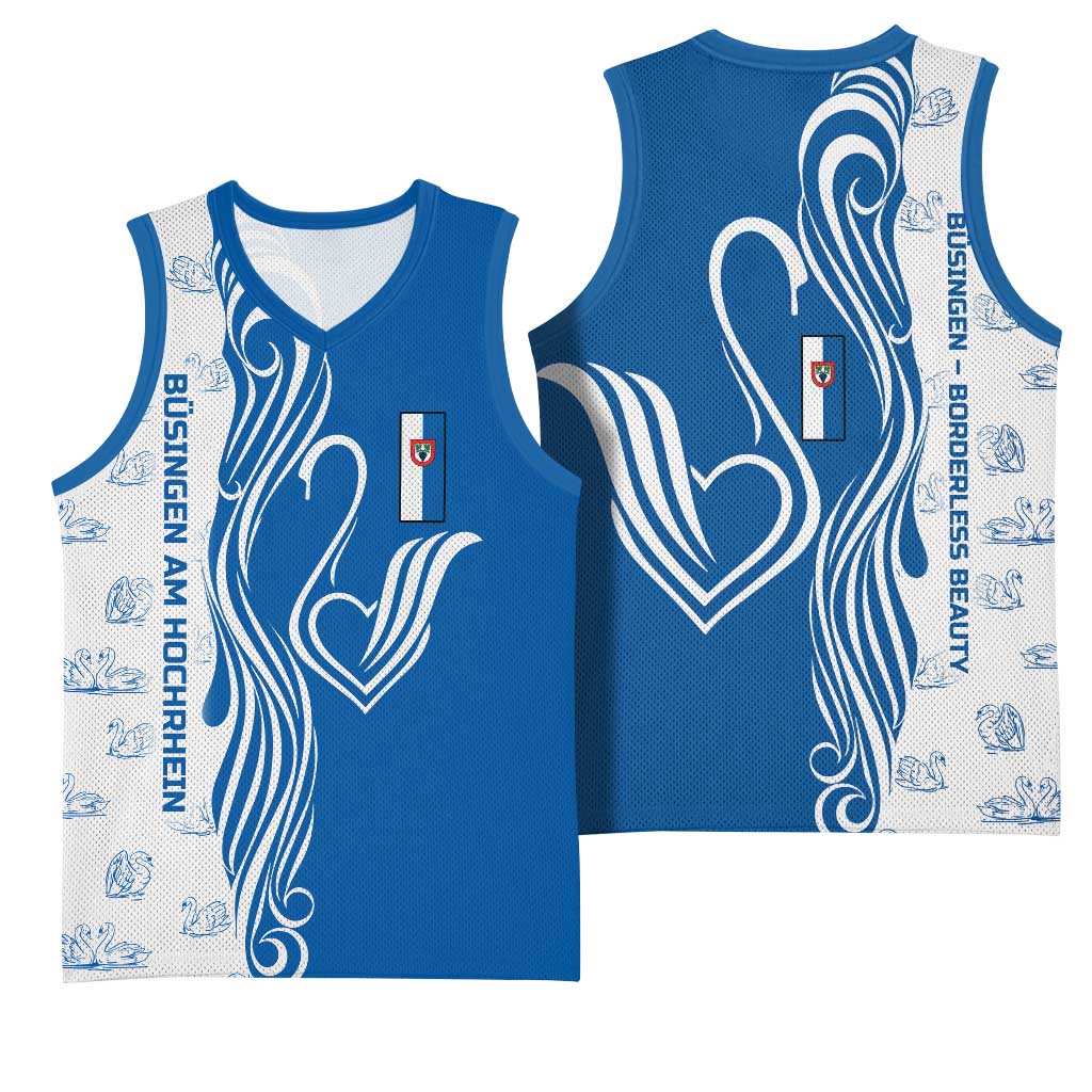 Busingen am Hochrhein Germany Basketball Jersey with Swan Pattern and Blue White Heart Design - Wonder Print Shop