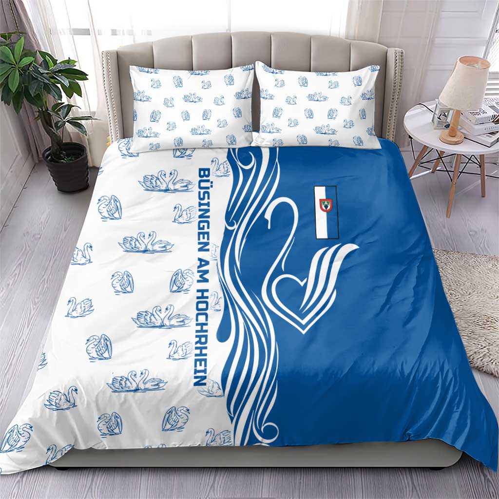Busingen am Hochrhein Germany Bedding Set with Swan Pattern and Blue White Heart Design - Wonder Print Shop